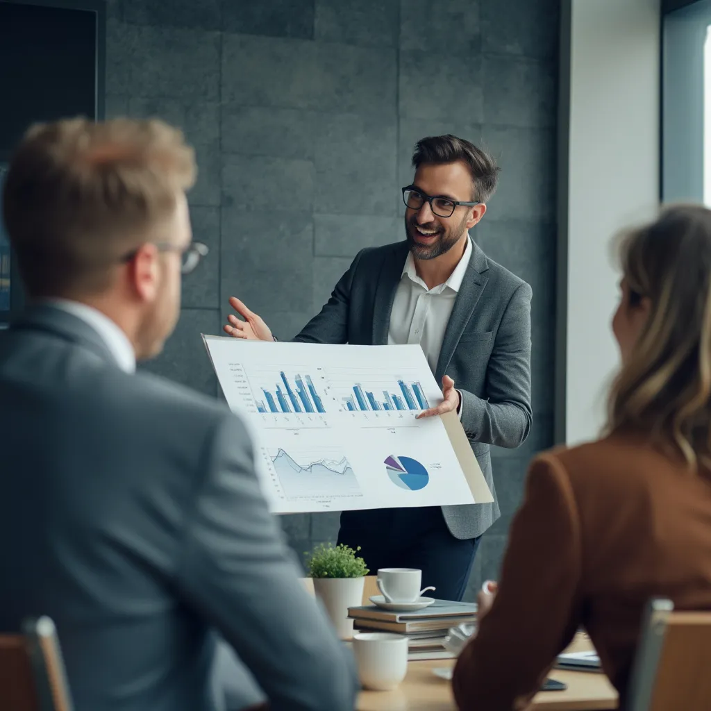 Consultor presentando estrategia a clientes