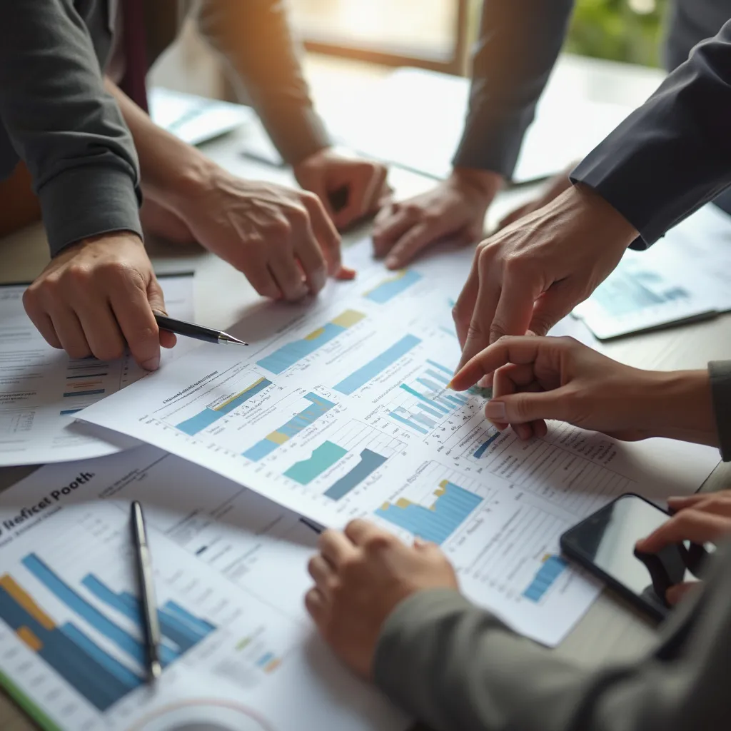 Detalle de manos colaborando sobre un plan de proyecto
