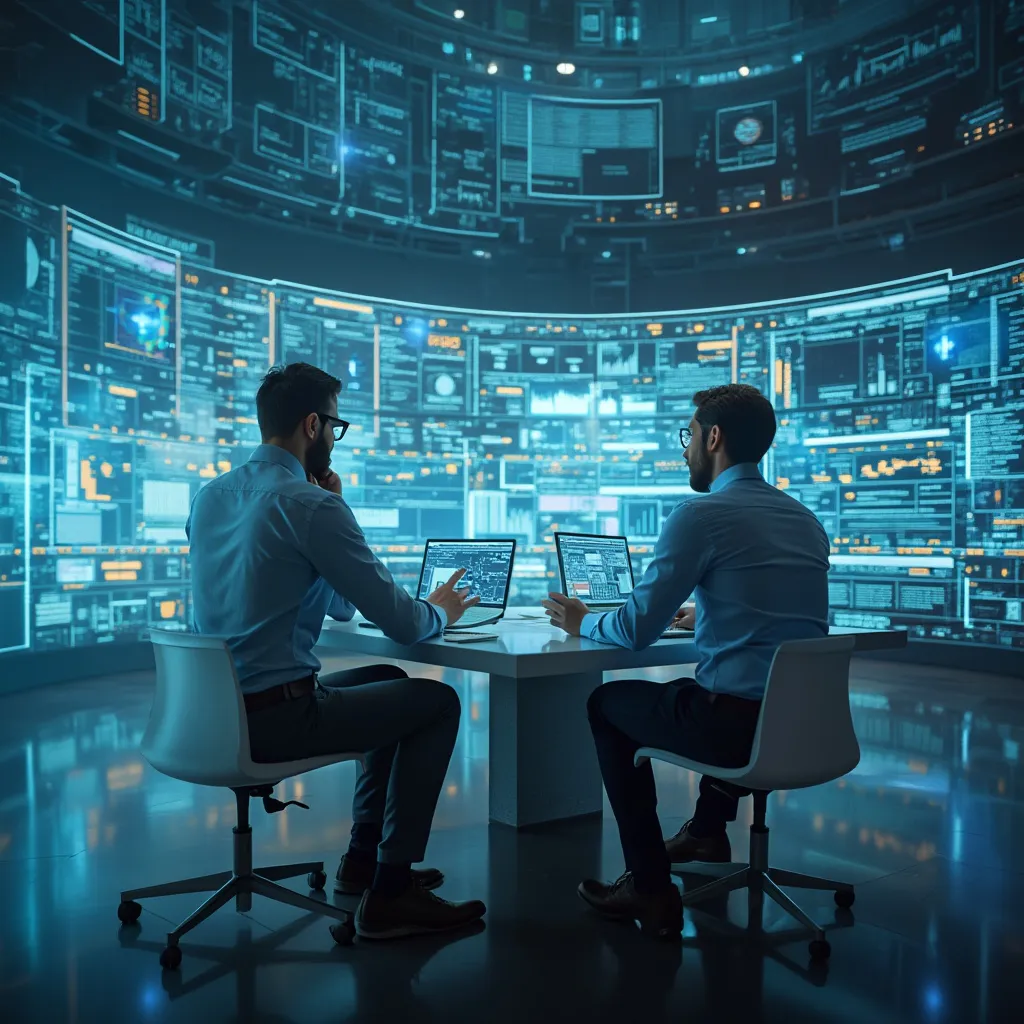 Consultores analizando datos en pantallas digitales